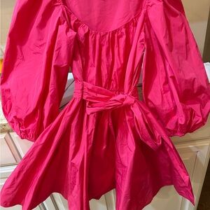 cinq a sept Hot Pink Puff-Sleeve Party Dress with Waist Tie